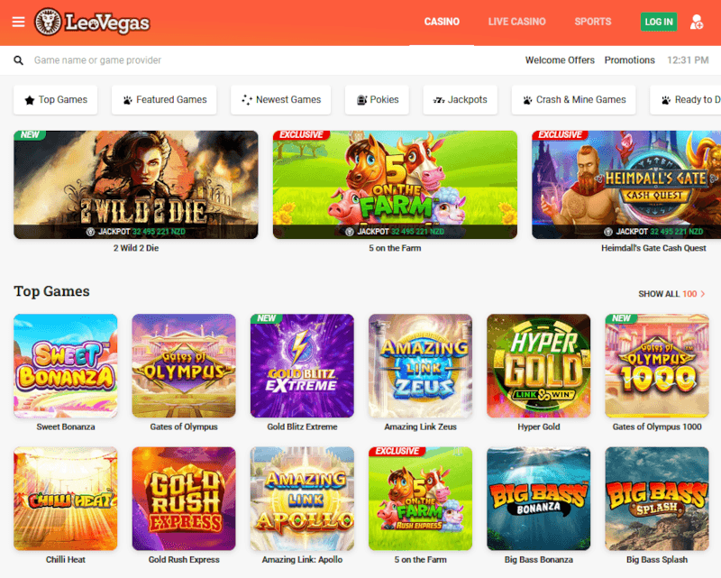 ล็อบบี้เกมที่ LeoVegas แสดงเกม LeoVegas Originals ที่เฉพาะตัว