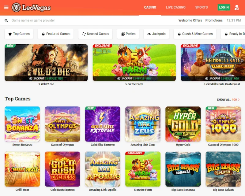 The game lobby at LeoVegas showing the exclusive LeoVegas Originals games.