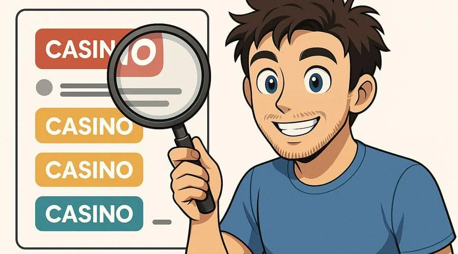 Bir büyüteç ile stilize edilmiş casino logolarının üzerinde temiz bir grafik