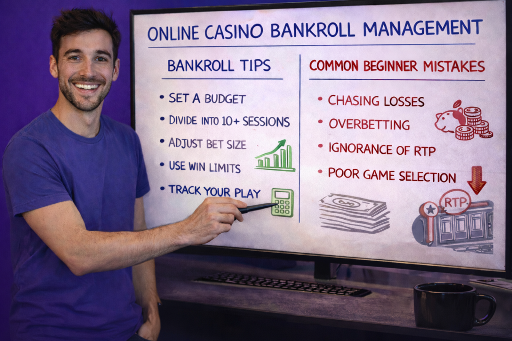 O auditor de casino Carlos Costa Silva a explicar a gestão do bankroll online e os erros comuns dos iniciantes num quadro branco digital.