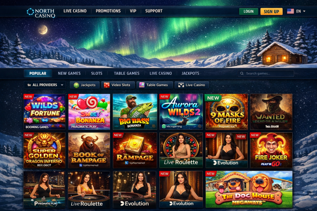 The lobby of North Casino displaying popular slot machines and live dealer tables from top software providers