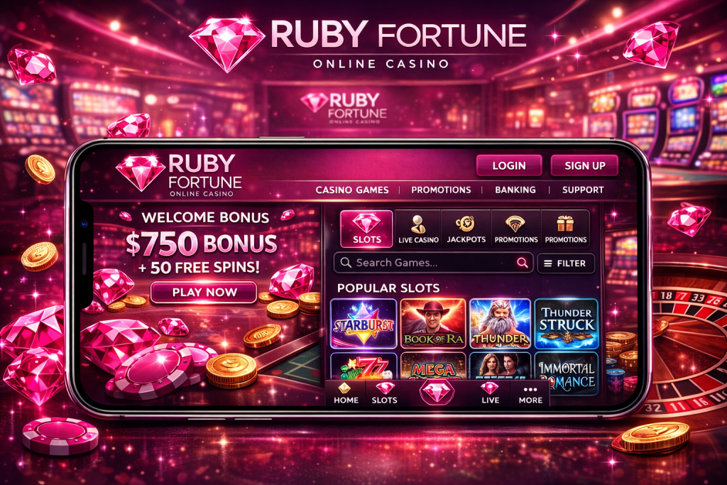 สมาร์ทโฟนแสดงอินเทอร์เฟซแอปมือถือ Ruby Fortune พร้อมสล็อตยอดนิยมและการนำทางที่ง่าย