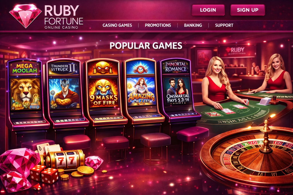 ล็อบบี้ของ Ruby Fortune แสดงเครื่องสล็อต Microgaming ที่นิยมและโต๊ะดีลเลอร์สด