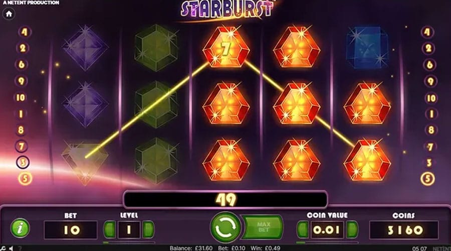 Een screenshot van de Starburst slot gameplay met de uitbreidende wild functie in actie.