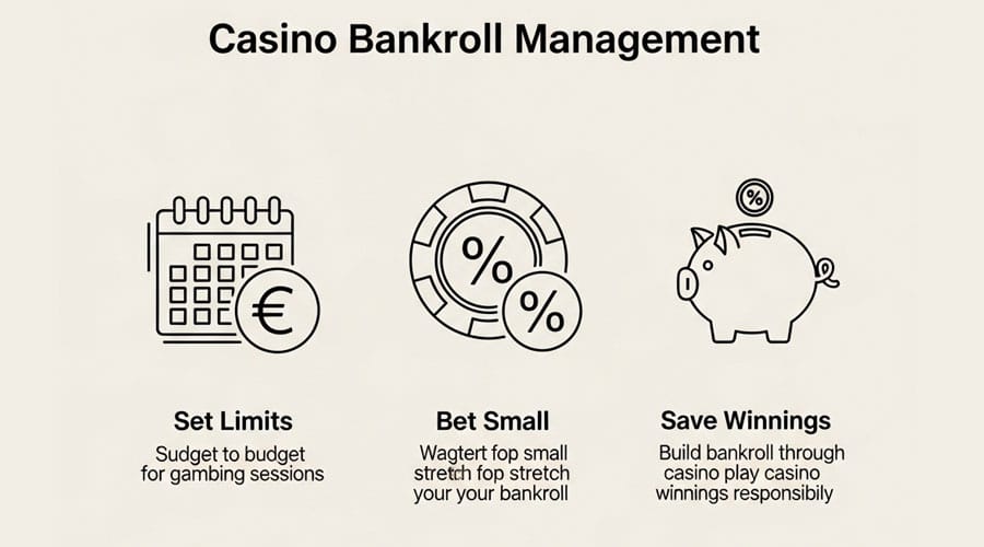 Eine Infografik, die die drei goldenen Regeln des Bankroll-Managements zeigt: Grenzen setzen, klein wetten und Gewinne sparen.