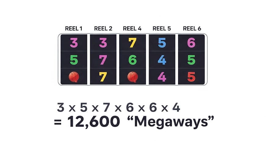 Megaways 슬롯 메커니즘이 승리 방법을 계산하는 방법을 설명하는 인포그래픽입니다.