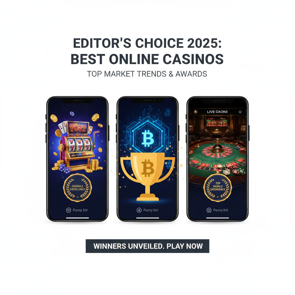 A collage of top-rated online casino logos with a golden "Editor's Choice 2025" award seal.