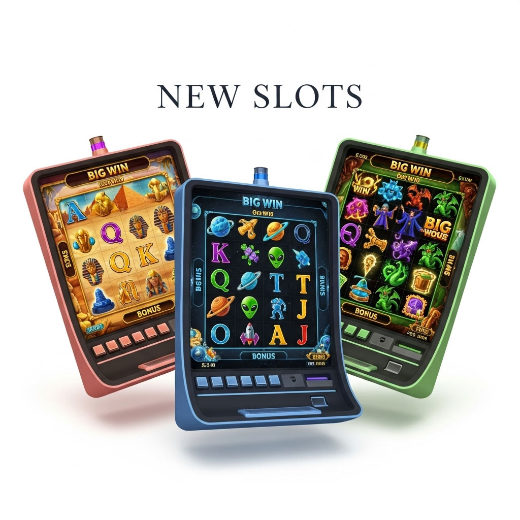 Three modern smartphone screens displaying new online slot games with "Big Win" messages and vibrant graphics, on a clean white background.