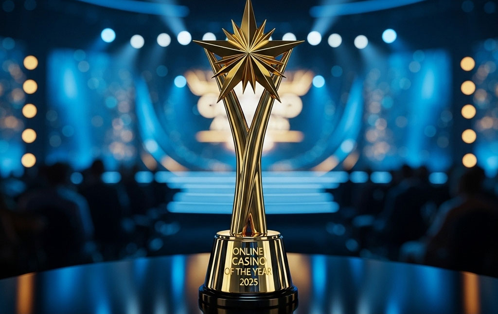 Golden "Online Casino of the Year 2025" award trophy on a stage, symbolizing the prestigious Global Gaming Awards.