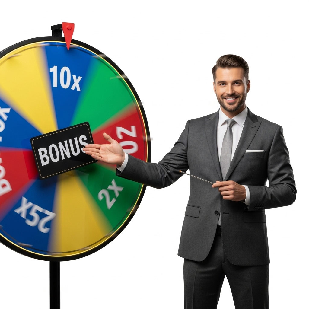 A charismatic male host standing next to a spinning "Bonus" prize wheel for a live casino game show, on a clean white background.
