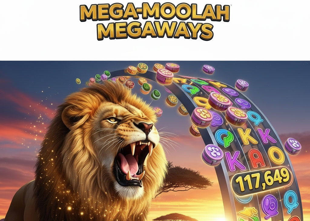 Mega Moolah Megaways portrait image featuring a roaring lion and slot game details for mobile