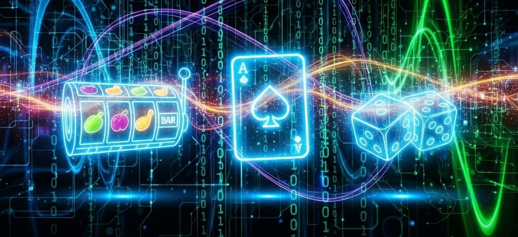 Een hightech grafiek die laat zien hoe een Random Number Generator (RNG) eerlijke uitkomsten creëert voor slots, kaarten en dobbelstenen in online casino's.