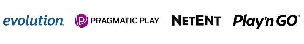 Logótipos dos principais fornecedores de software de casino, incluindo Evolution, Pragmatic Play, NetEnt e Play'n GO, num fundo branco.