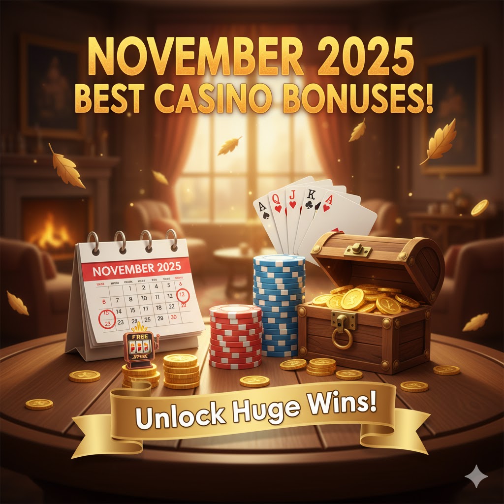 A wide-mode featured image showing a welcome bonus package, casino chips, and playing cards, set against a stylish November 2025-themed background (late autumn, possibly hints of Thanksgiving/cozy elements, but NO Halloween or pumpkins).