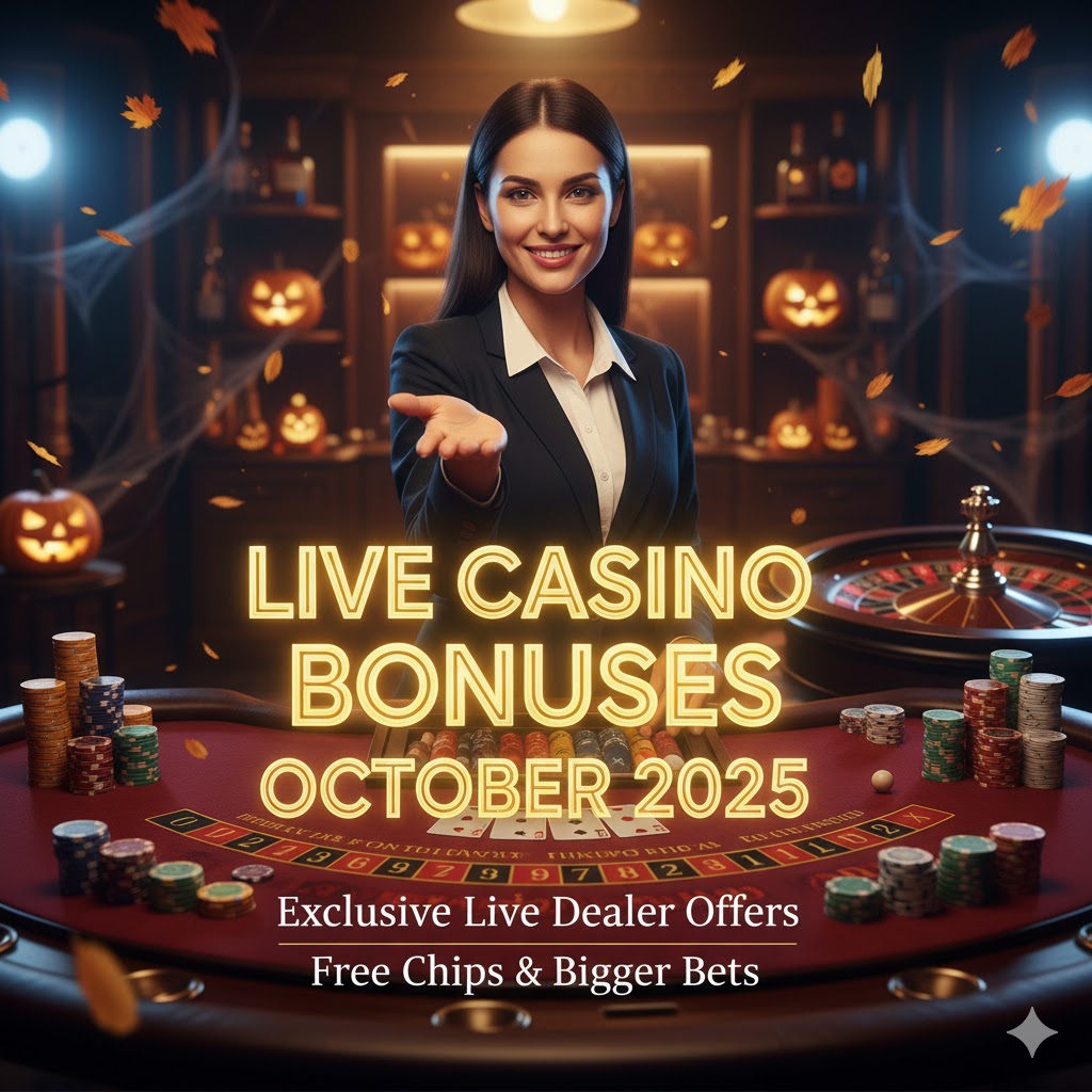 A dynamic image of a live casino table with cards, chips, and a dealer's hands, highlighting "Live Casino Bonuses October 2025" in a wide format.