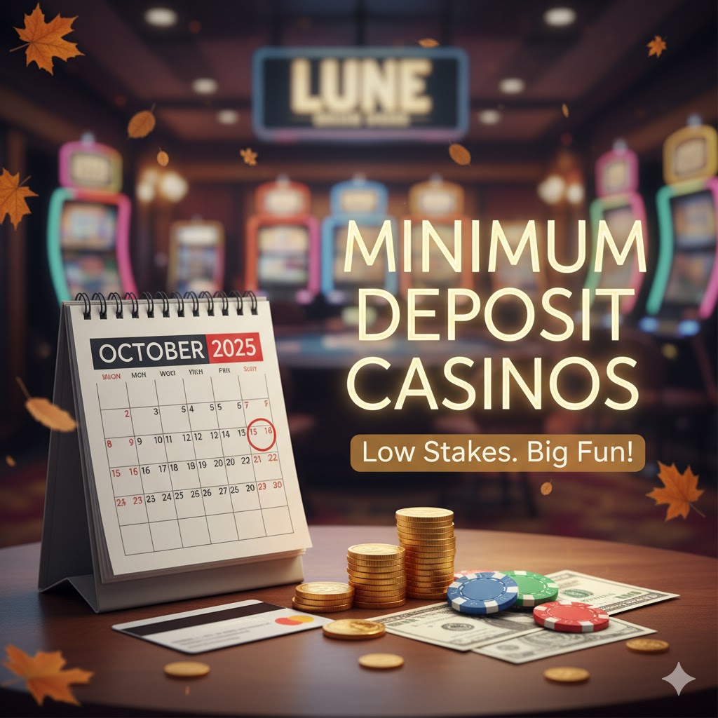 A clear, wide image showcasing small stacks of casino chips next to coins, with a calendar indicating October 2025, emphasizing "Minimum Deposit" and "Low Stakes" for accessible casino play.