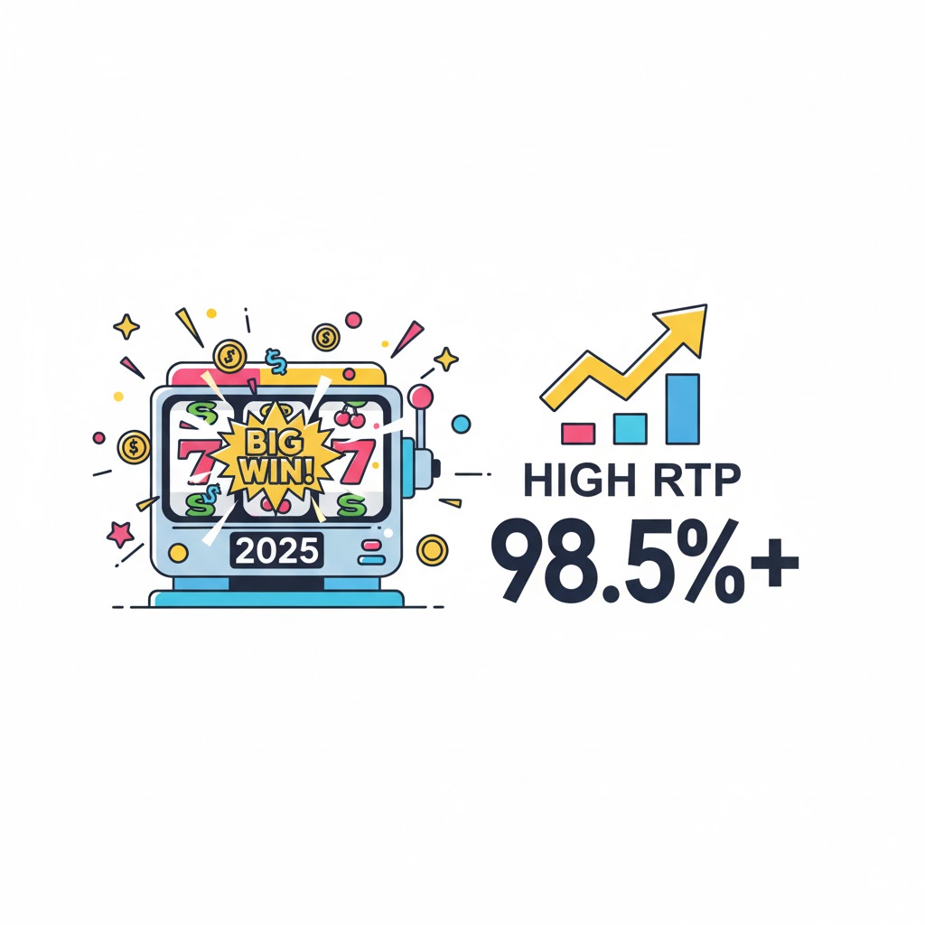 An illustration of a slot machine reel showing a high 98.6% RTP value next to an upward-trending bar chart, representing the best payout slots.