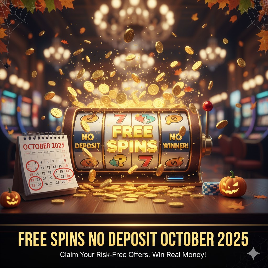 A dynamic wide image showing slot machine reels with "FREE SPINS" prominently displayed, alongside coins and a calendar marked for October 2025, emphasizing no deposit offers.