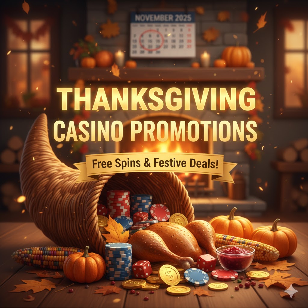 wide-mode featured image for November 2025 showing a Thanksgiving theme with a cornucopia, autumn leaves, and casino chips, advertising Thanksgiving casino promotions.