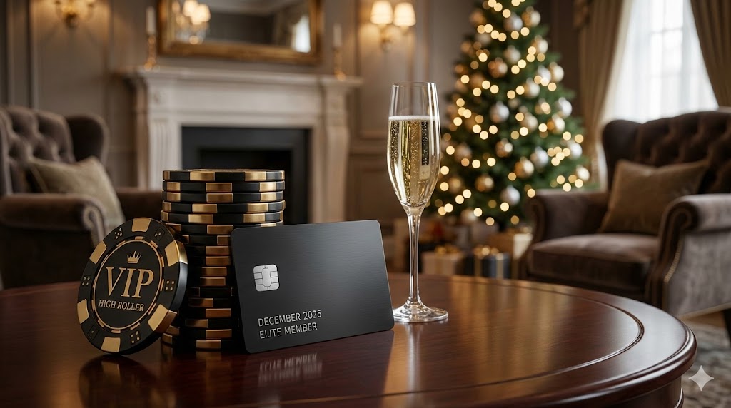 A luxurious wide-angle image of a private casino room in December, featuring a stack of gold "VIP" chips, a black metal credit card, and champagne, symbolizing high roller rewards.