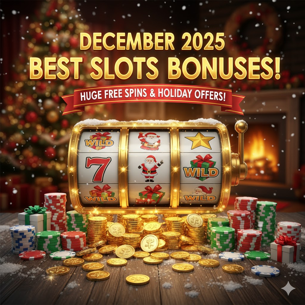 A wide-mode festive image for December 2025, showing slot machine reels with bonus symbols, surrounded by Christmas decorations, casino chips, and falling snow, advertising slots bonuses.