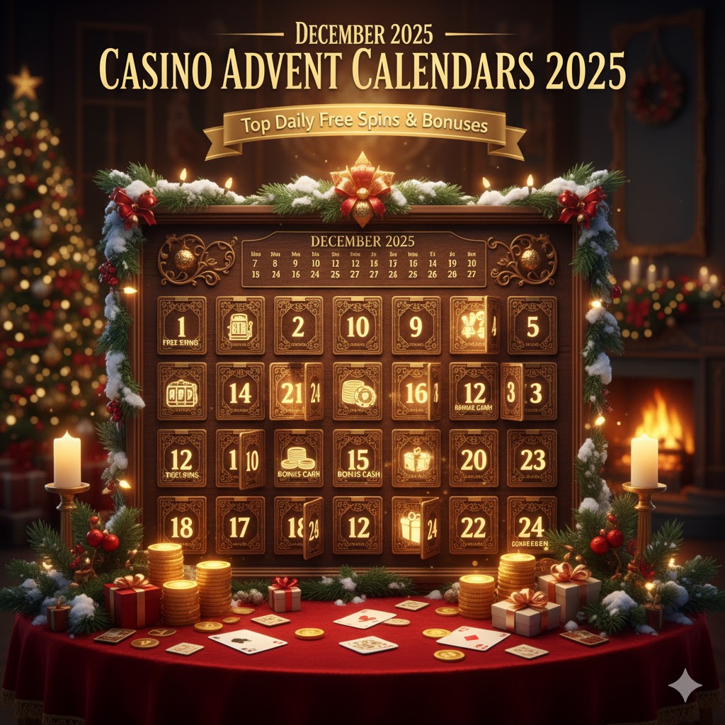 A festive wide-mode image of an advent calendar styled like a casino board, with doors opening to reveal casino elements like free spins and bonus chips, set for December 2025.