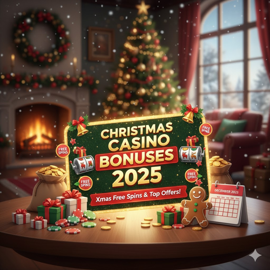 A festive wide-mode image for Christmas 2025 showing a casino bonus with presents, snow, and slot elements, advertising Xmas casino bonuses.