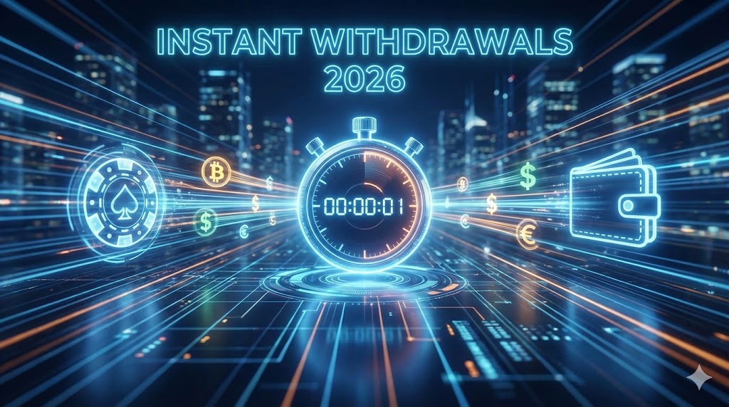 A futuristic wide-angle image showing a glowing stopwatch icon with "00:00:01", digital currency symbols moving rapidly from a casino chip to a wallet, and neon text reading "INSTANT WITHDRAWALS 2026".