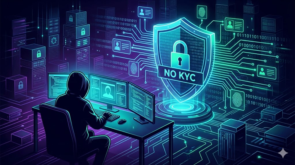 A futuristic digital illustration showing a silhouette of a gambler protected by a glowing neon shield and binary code, representing safe and anonymous no verification casinos in 2026.