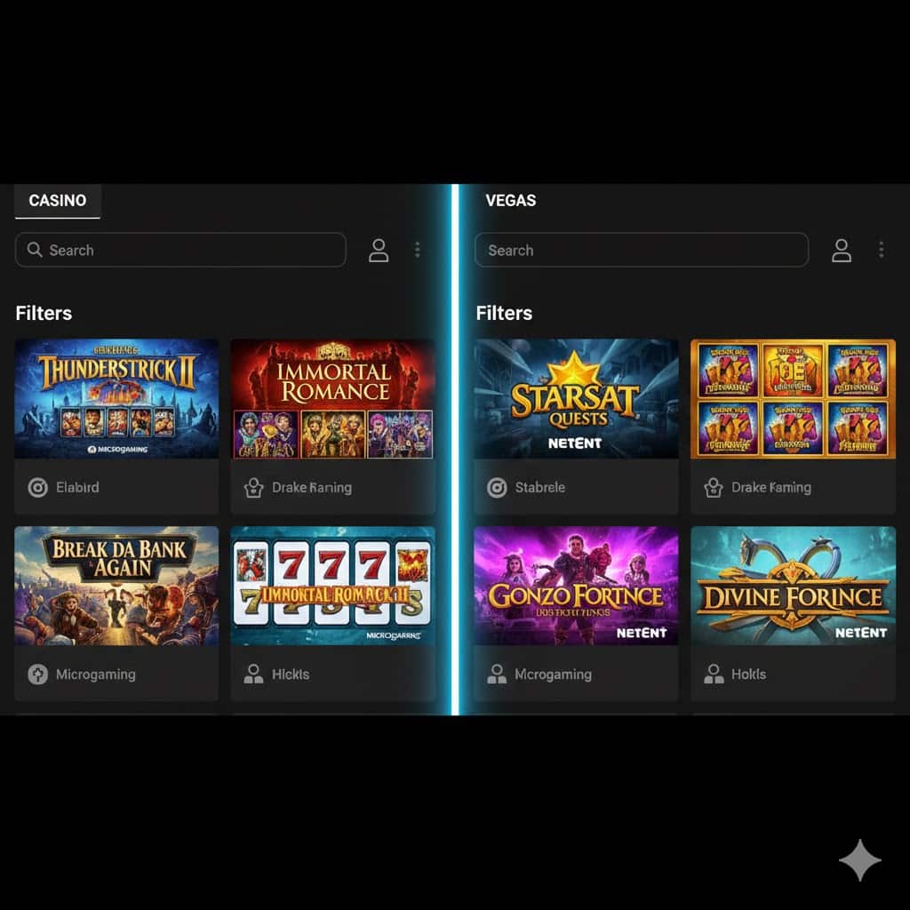 Comparison of Betway Casino tab vs Vegas tab game selection.