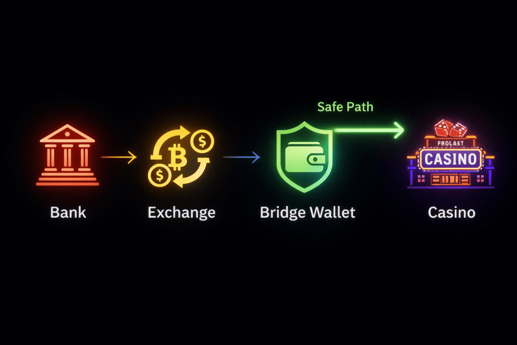 Diagram showing how to move money from Bank to Exchange to Private Wallet to Casino.
