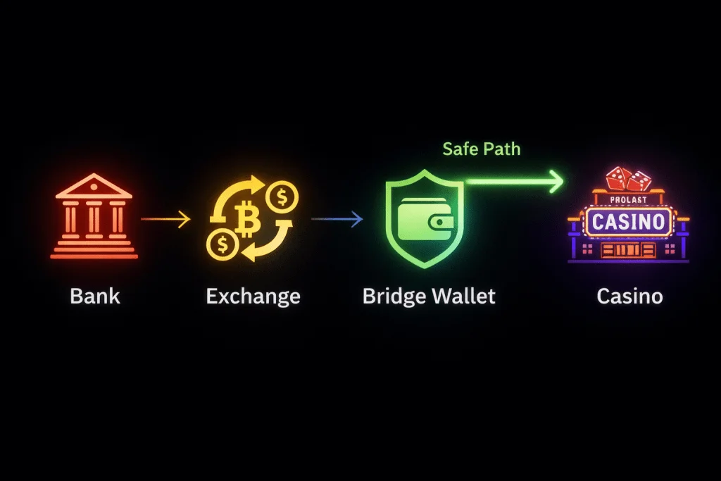 Diagram showing how to move money from Bank to Exchange to Private Wallet to Casino.
