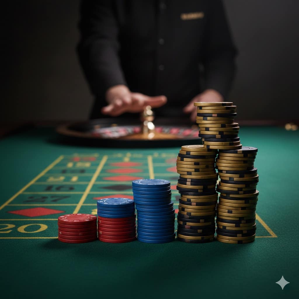 Visual representation of the Martingale betting strategy on a roulette table showing exponentially increasing chip stacks.