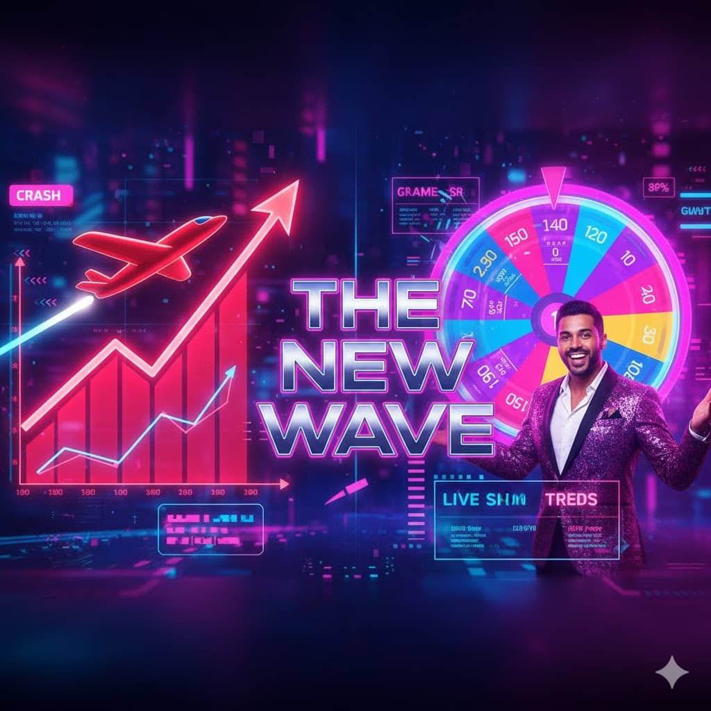 A collage illustrating new casino trends including crash games and live dealer game shows.