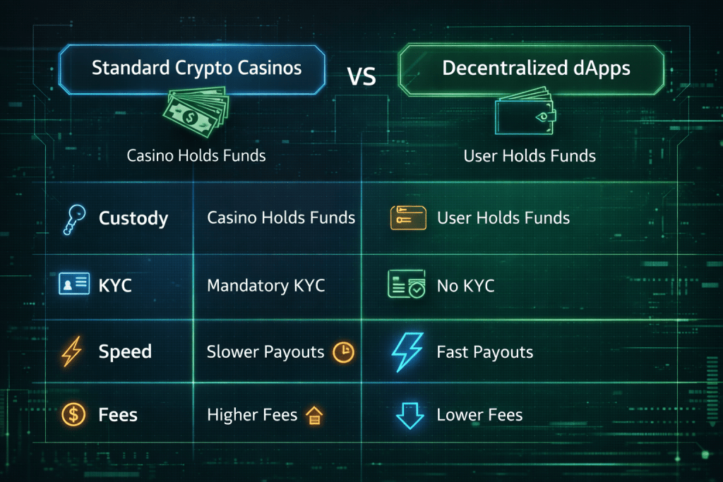Vergleichstabelle die Unterschiede in Custody, KYC, Geschwindigkeit und Gebühren zwischen Standard-Krypto-Casinos und dezentralen dApps zeigt.