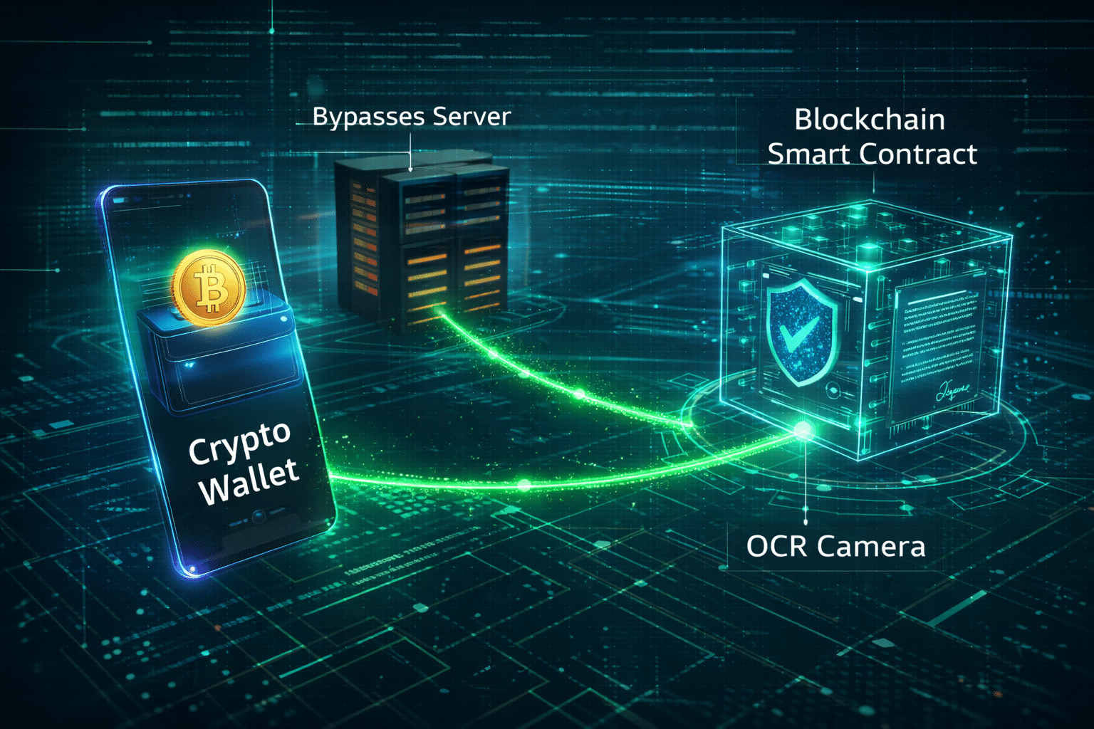 Illustration of a user's crypto wallet interacting directly with a blockchain smart contract, bypassing a central casino server.