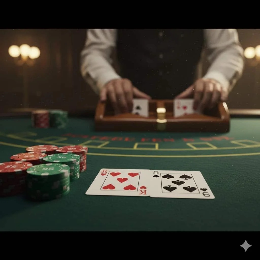 POV-opname van een stapel fiches en blackjackkaarten van een speler op een groen vilten tafel.