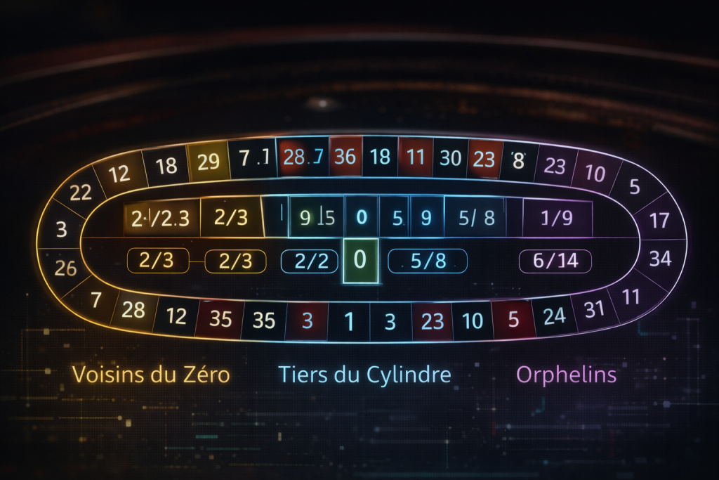 Screenshot of the Racetrack betting layout on a live roulette interface showing Tiers, Orphelins, and Voisins sections