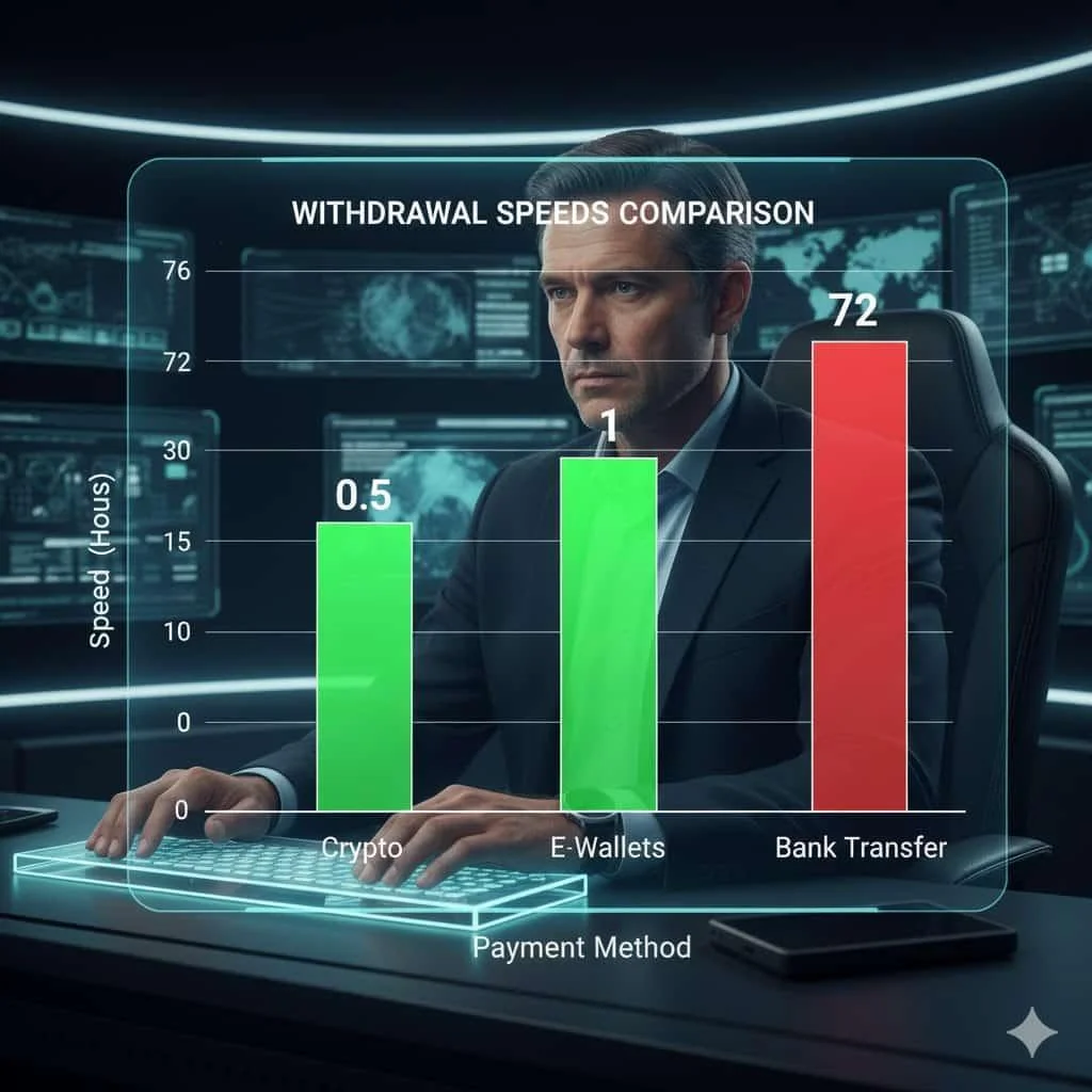 Gráfico de barras comparando velocidades de retiro de Cripto vs E-wallets vs Transferencias Bancarias. Promt: Un gráfico de barras de alto contraste y profesional sobre un fondo oscuro mostrando "Velocidades de Retiro" en el eje Y y "Métodos de Pago" en el eje X. Las barras para "Cripto" y "E-Wallets" son verdes y muy cortas (rápido), mientras que "Transferencia Bancaria" es roja y alta (lenta). Estilo de visualización de datos.