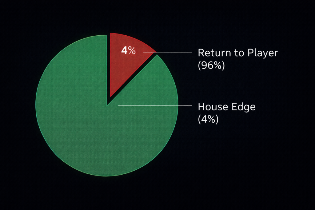 A pie chart visualization comparing the Player's Return (96%) versus the House Edge (4%) to illustrate the mathematical disadvantage.