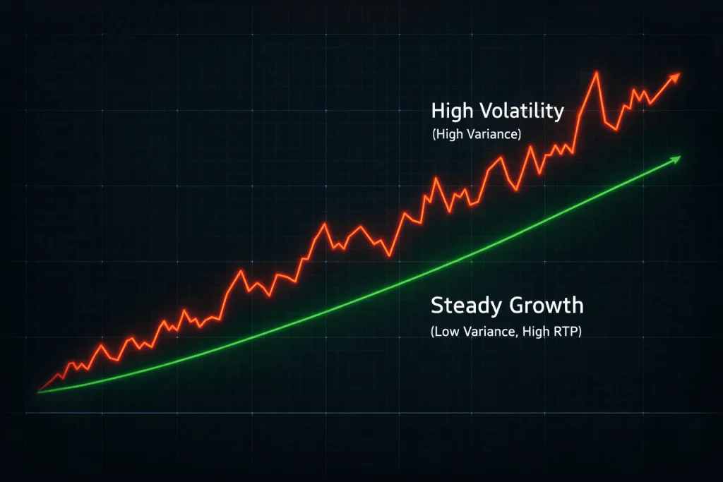 Grafico che mostra la differenza tra Alta Varianza e Alto RTP nei giochi da casinò.