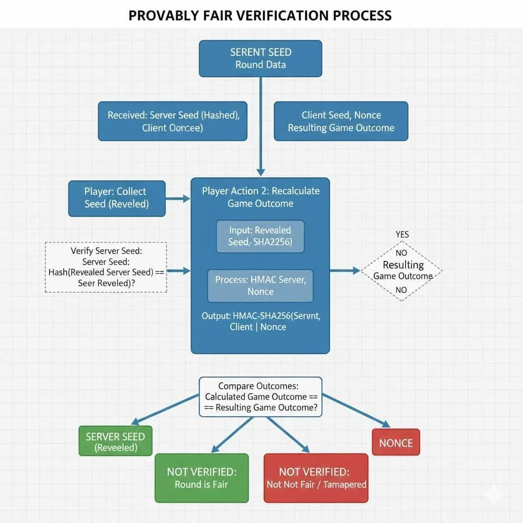 Flowchart, der illustrerer trin-for-trin-processen for at verificere en Provably Fair gambling-runde ved brug af SHA-256 hashes.
