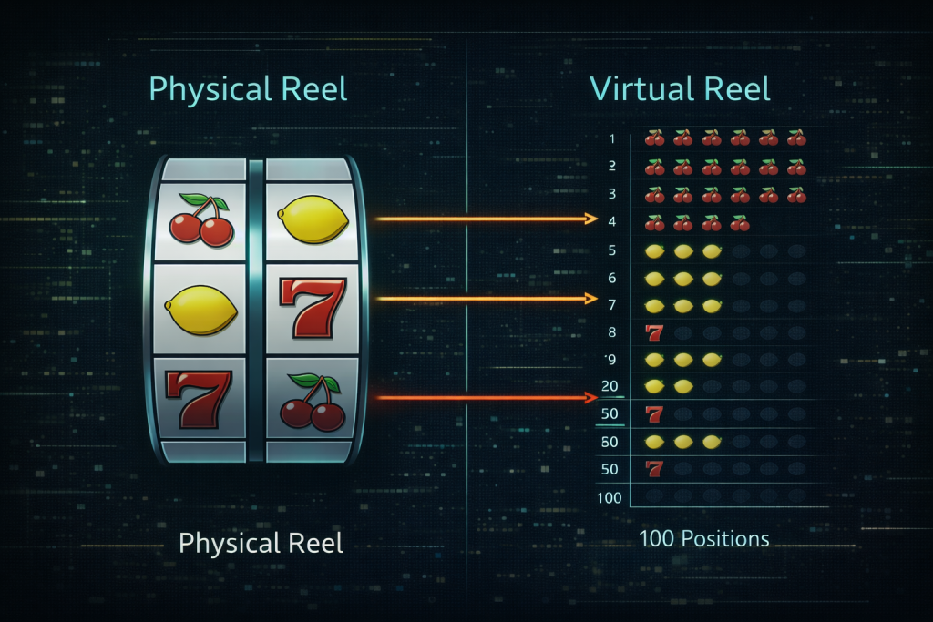 Technical diagram showing the difference between Physical Reel strips and Virtual Reel mapping.