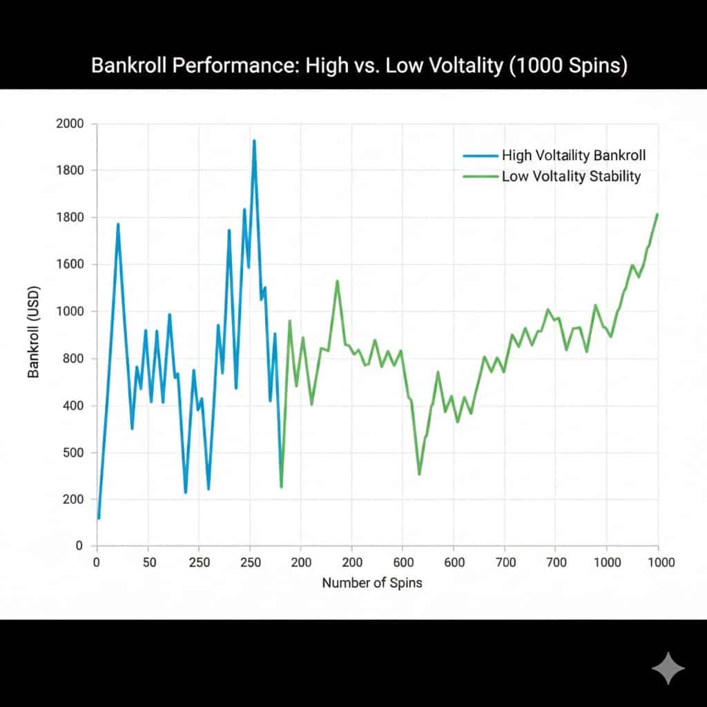 Line graph comparing high volatility bankroll swings versus low volatility stability over 1000 spins.