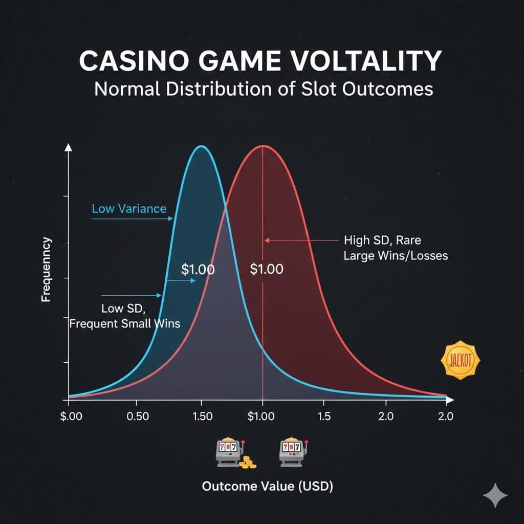 Bell curve chart showing standard deviation differences between low and high variance slot outcomes.