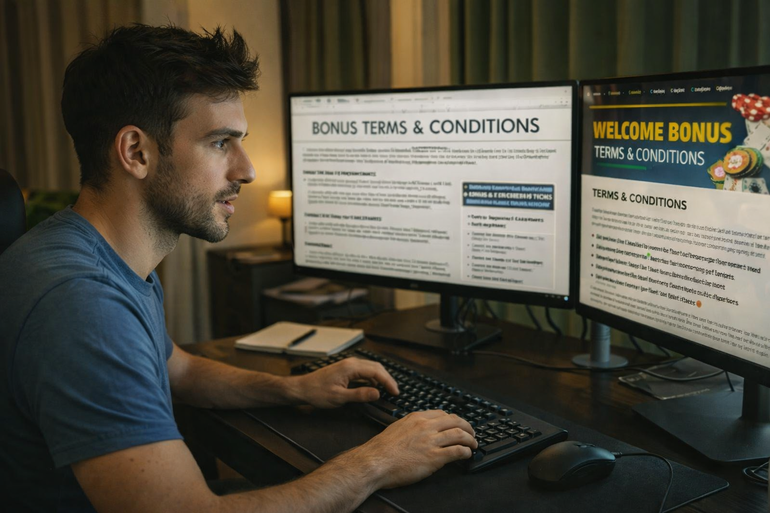 Carlos Costa Silva en iyi çevrimiçi casino bonuslarını ve promosyon kodlarını bilgisayar ekranlarında analiz ediyor.