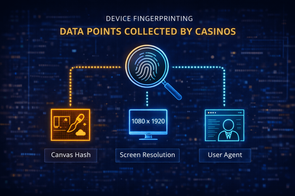 Infographic detailing the data points collected by casinos for device fingerprinting, including Canvas Hash, Screen Resolution, and User Agent.