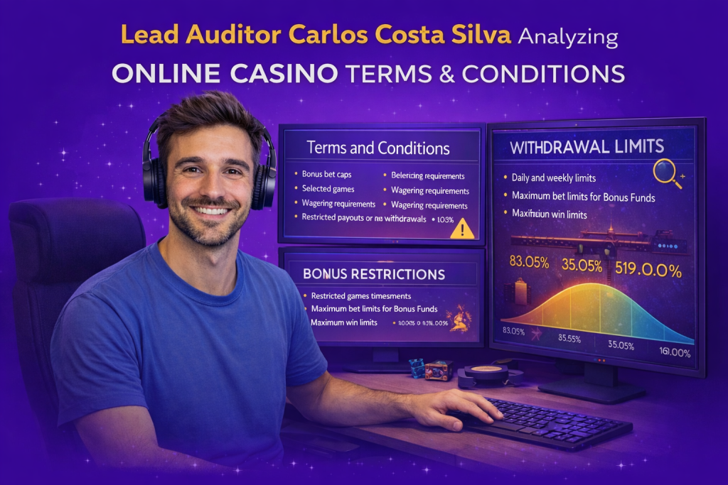 Auditeur principal Carlos Costa Silva analysant les termes et conditions des casinos en ligne sur plusieurs moniteurs dans son bureau