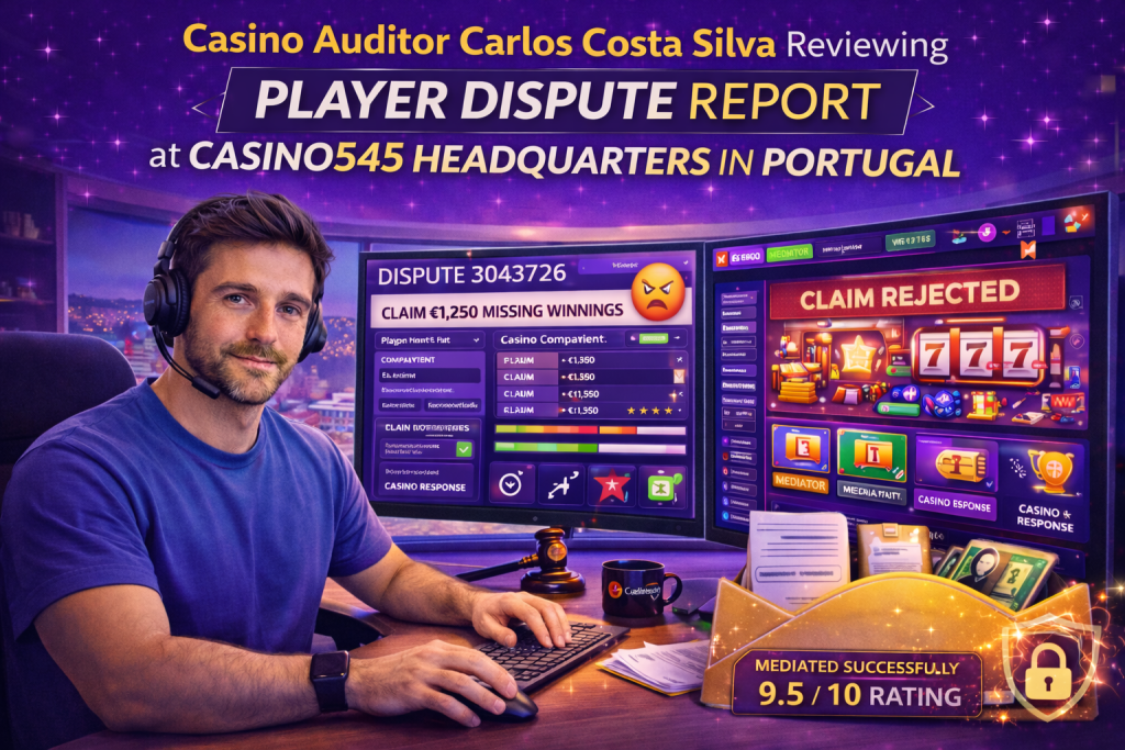 El auditor de casino Carlos Costa Silva revisando un informe de disputa de jugador en la sede de Casino545 en Portugal.