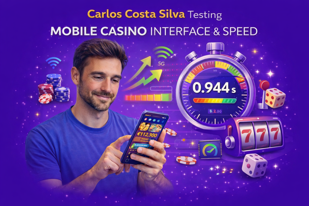 Carlos Costa Silva testant l'interface mobile et les temps de chargement d'un nouveau casino en ligne sur son smartphone